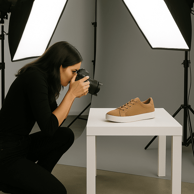 Fotógrafa capturando un zapato sobre mesa blanca con iluminación de estudio, imagen representativa de fotografía de producto