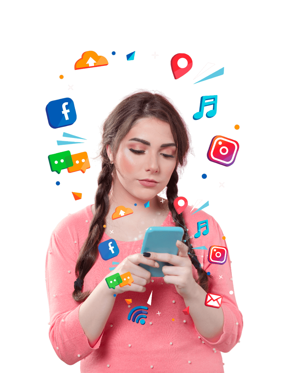 mujer revisando su celular mientras emergen simbolos de redes sociales como parte de un servicio de gestion de redes sociales en la ciudad de Puebla