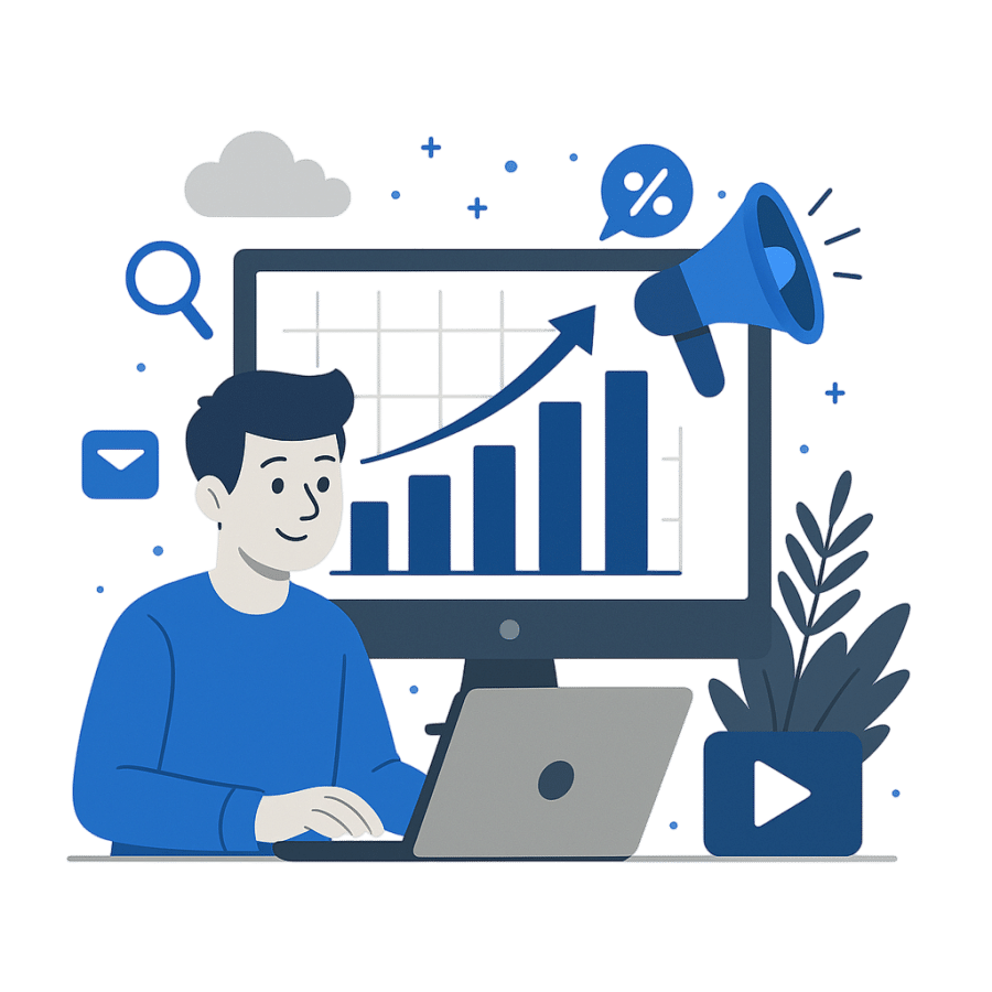 Ilustración digital en tonos azules que representa el trabajo de una agencia de marketing digital