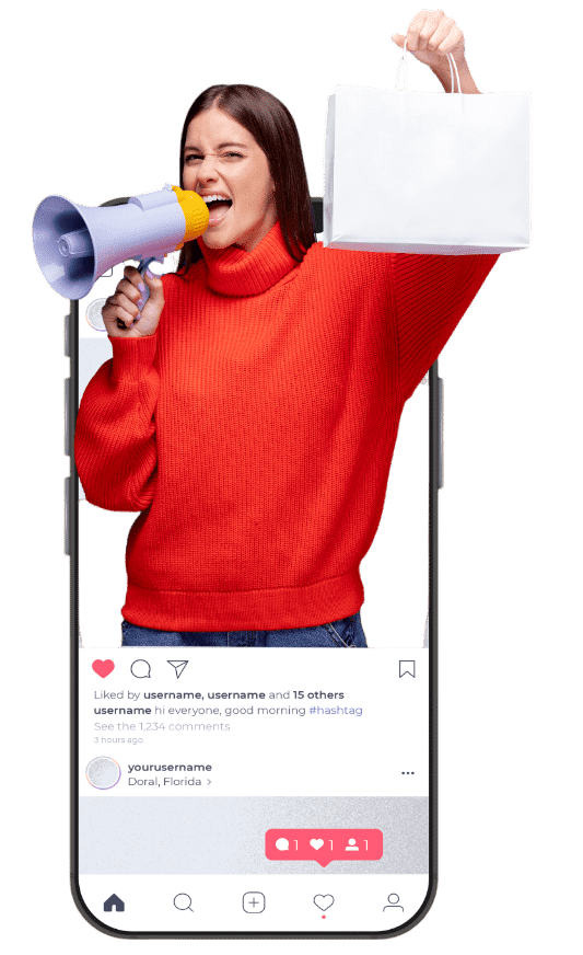 mujer con un megafono y una bolsa de producto emergiendo de un publicacion de instagram en un celular, simulando promocion a traves de redes sociales