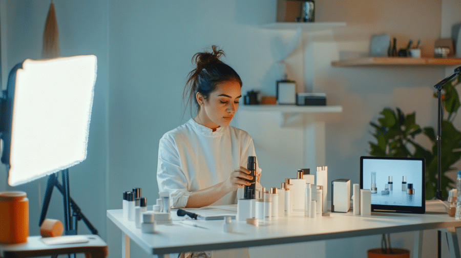 modelo realizando una review de productos de cuidado para la piel como parte de un video promocional para productos en Puebla