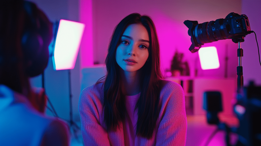 mujer posando en un cuarto con luces de estudio para un video de contenido para redes sociales