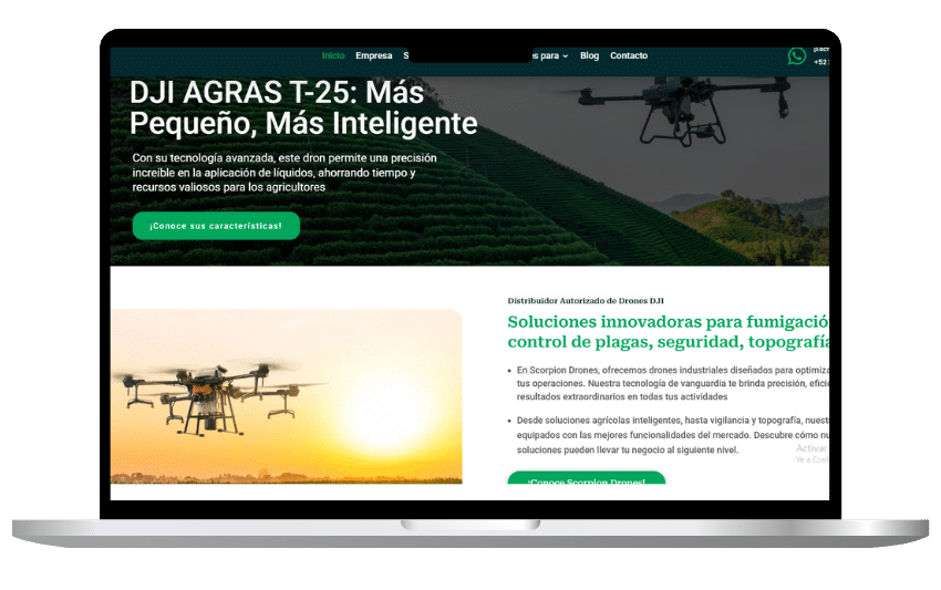 mock up de computadora con una vista de la pagina de inicio de un sitio web llamado Scorpion Drones