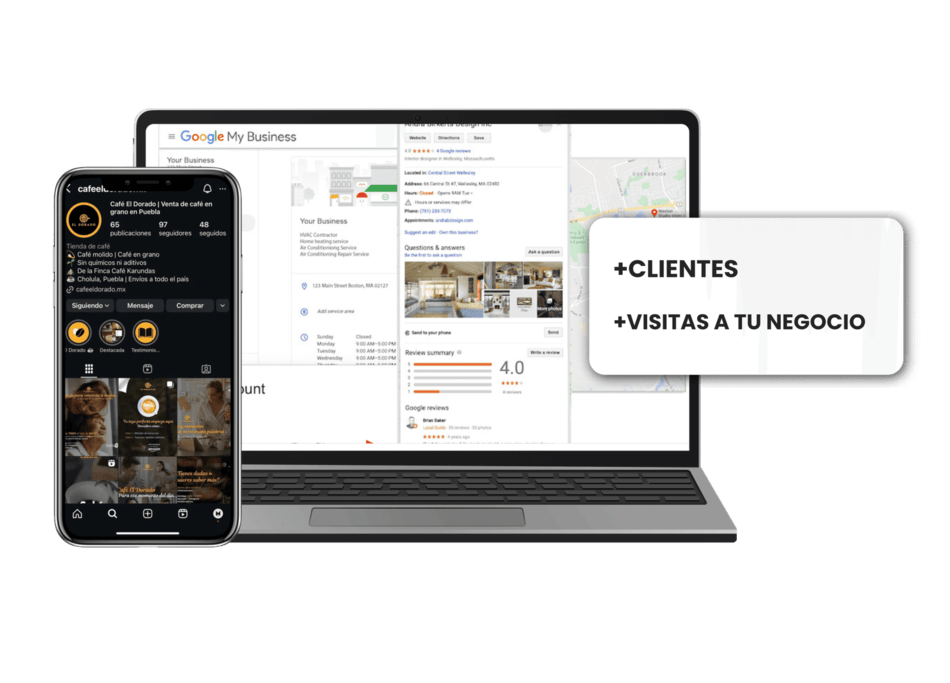 imagen de mockup de celular y computadora ejemplificando un paquete de marketing para redes sociales y ficha de google