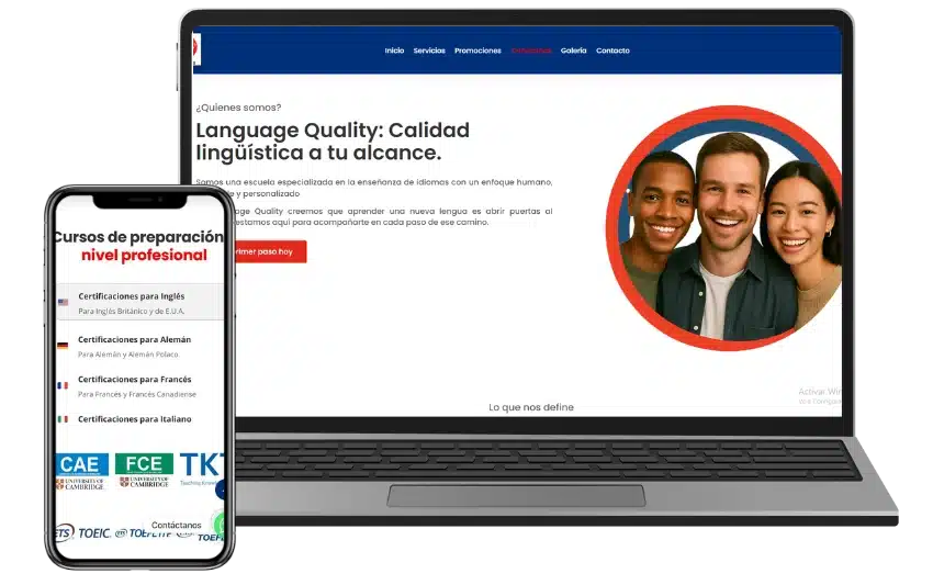 mockup de computadora y celular de un diseño de sitio web de una escuela de ingles en Puebla