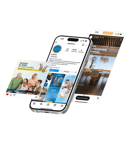 Visual de paquetes de marketing digital para empresas con diseño de publicaciones y stories en Instagram