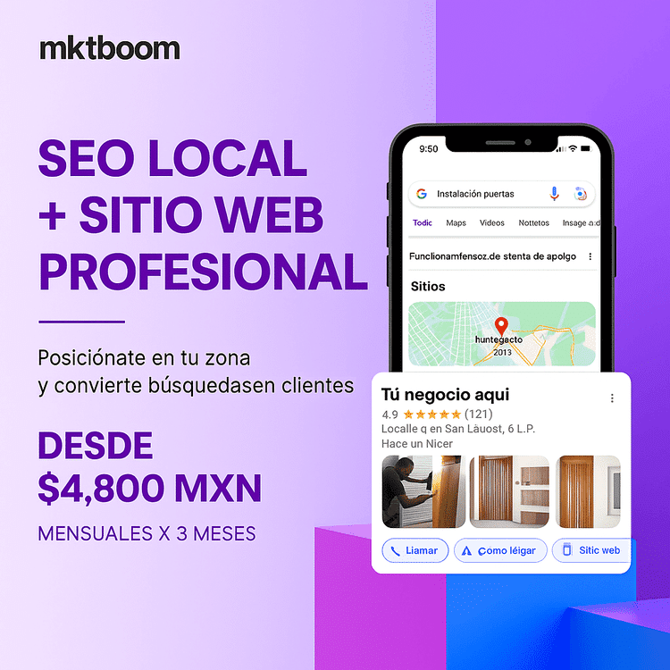 Paquete de SEO local y desarrollo de sitio web profesional para posicionar tu negocio en búsquedas de Google imagen publicitaria