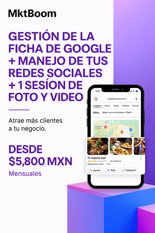 Paquete de agencia de publicidad con manejo de redes, ficha optimizada y sesión de fotografía mensual