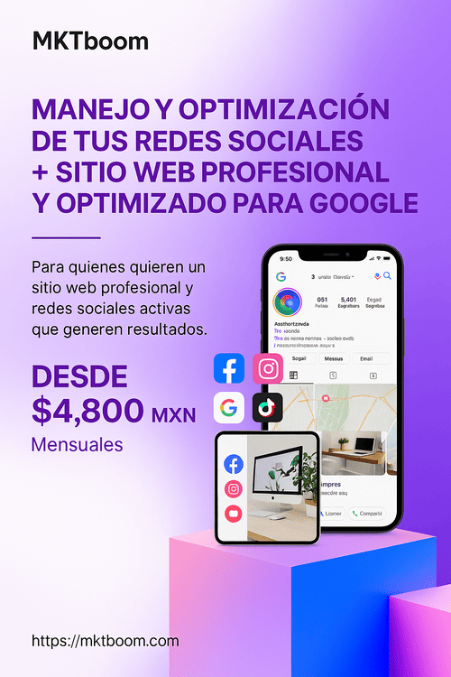 Paquete de marketing digital con redes sociales activas y sitio web profesional optimizado para Google