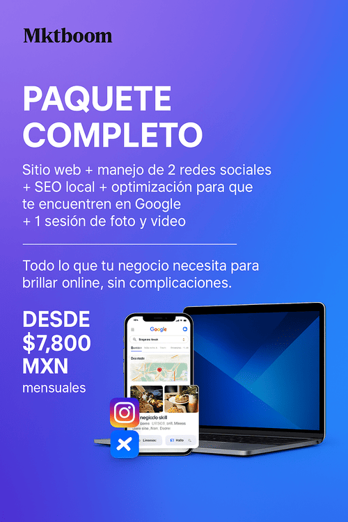 Paquete completo de marketing digital con sitio web, SEO local, redes sociales y contenido visual profesional.