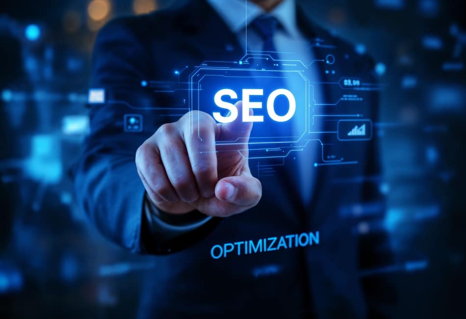 persona con traje dando click en un holograma con un grafico de lineas modernas que en el centro dice SEO