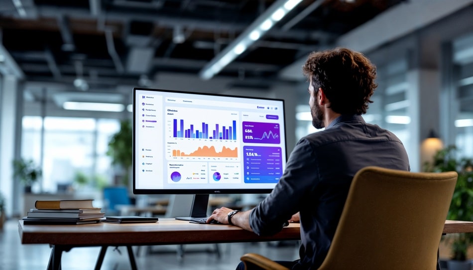experto en marketing en oficina de agencia SEO en puebla revisando una computadora con reportes y gráficas
