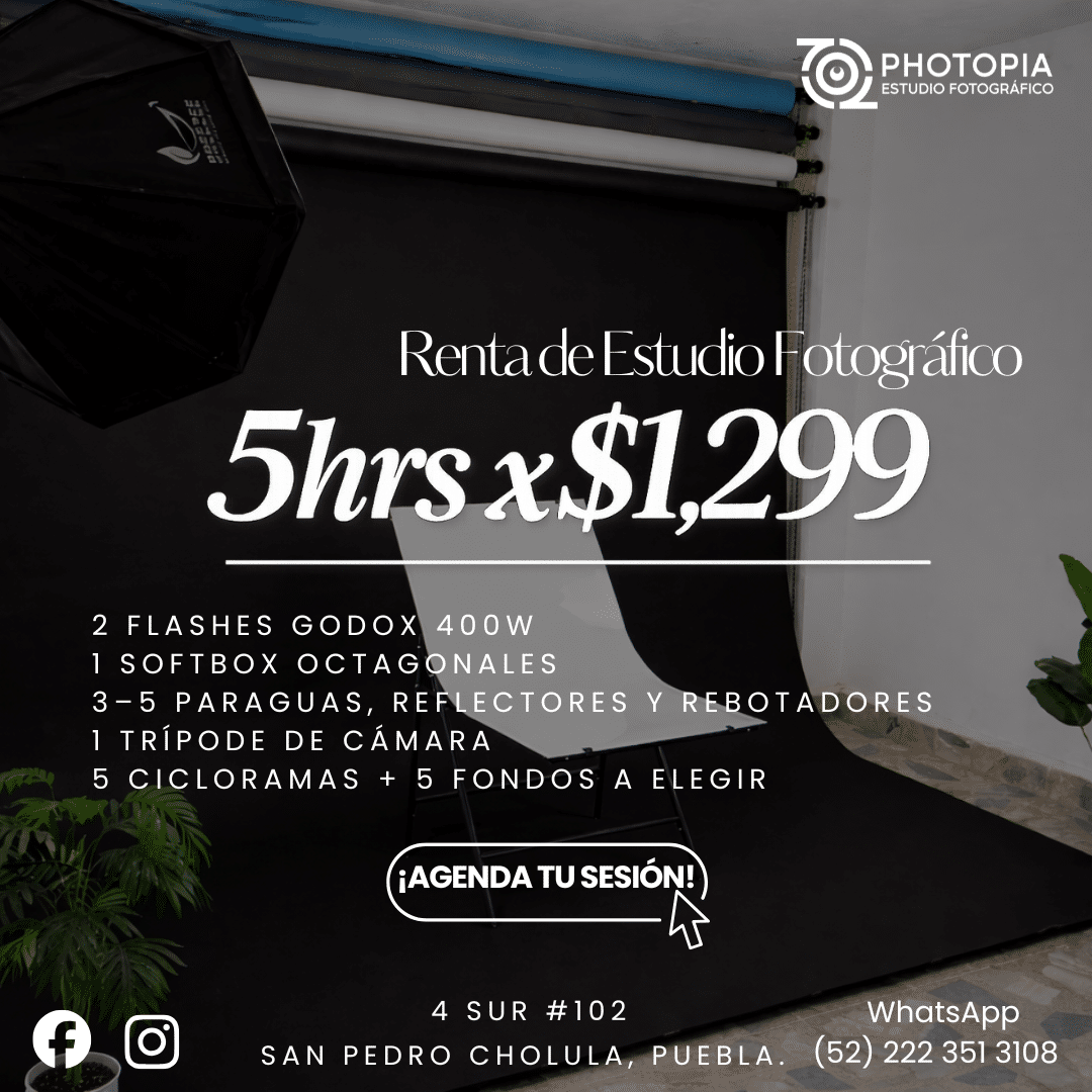 Estudio fotografico en Puebla en renta por 5 horas con ciclorama negro para produccion fotografica