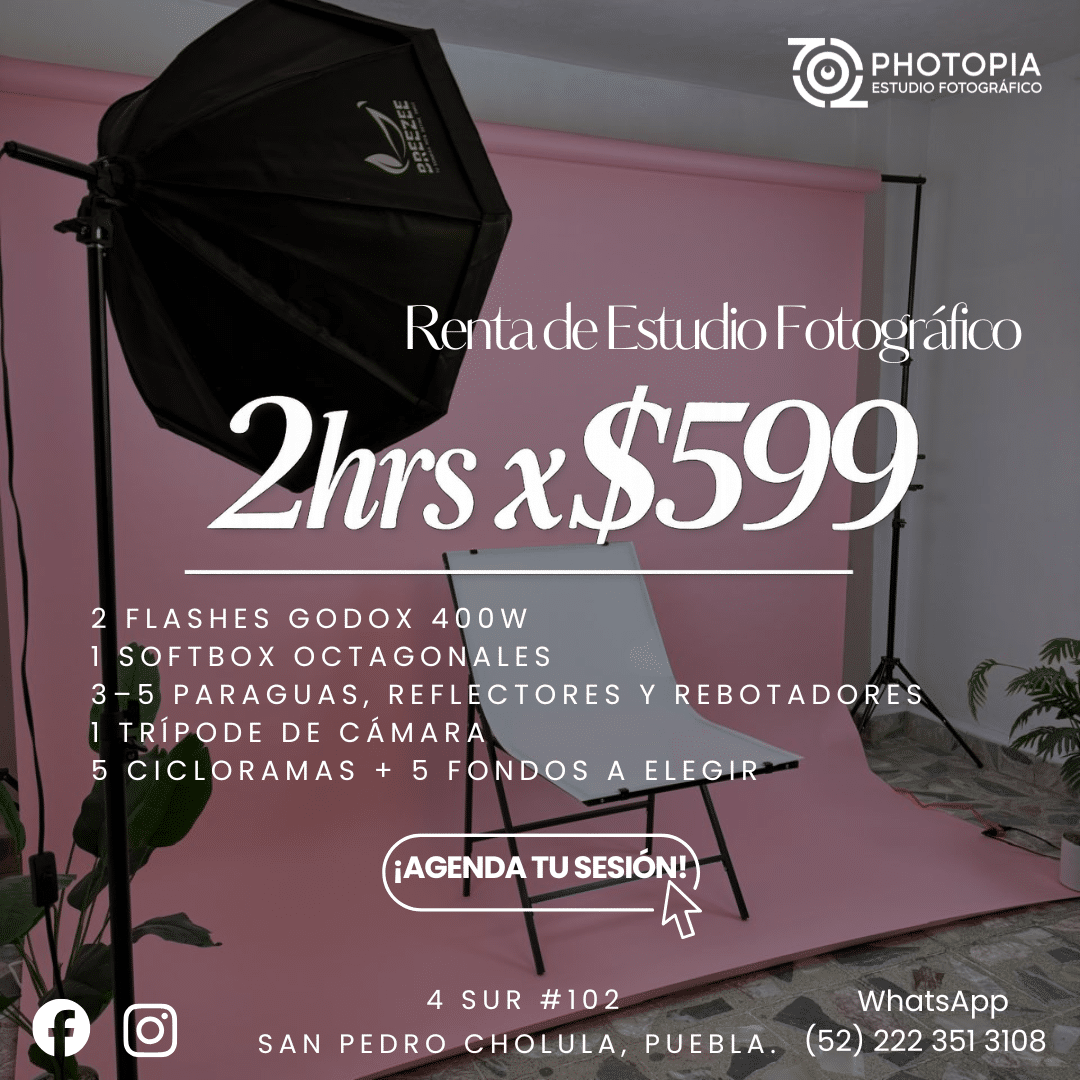 Renta de estudio fotografico en Puebla por 2 horas con fondo rosa y equipo de iluminacion