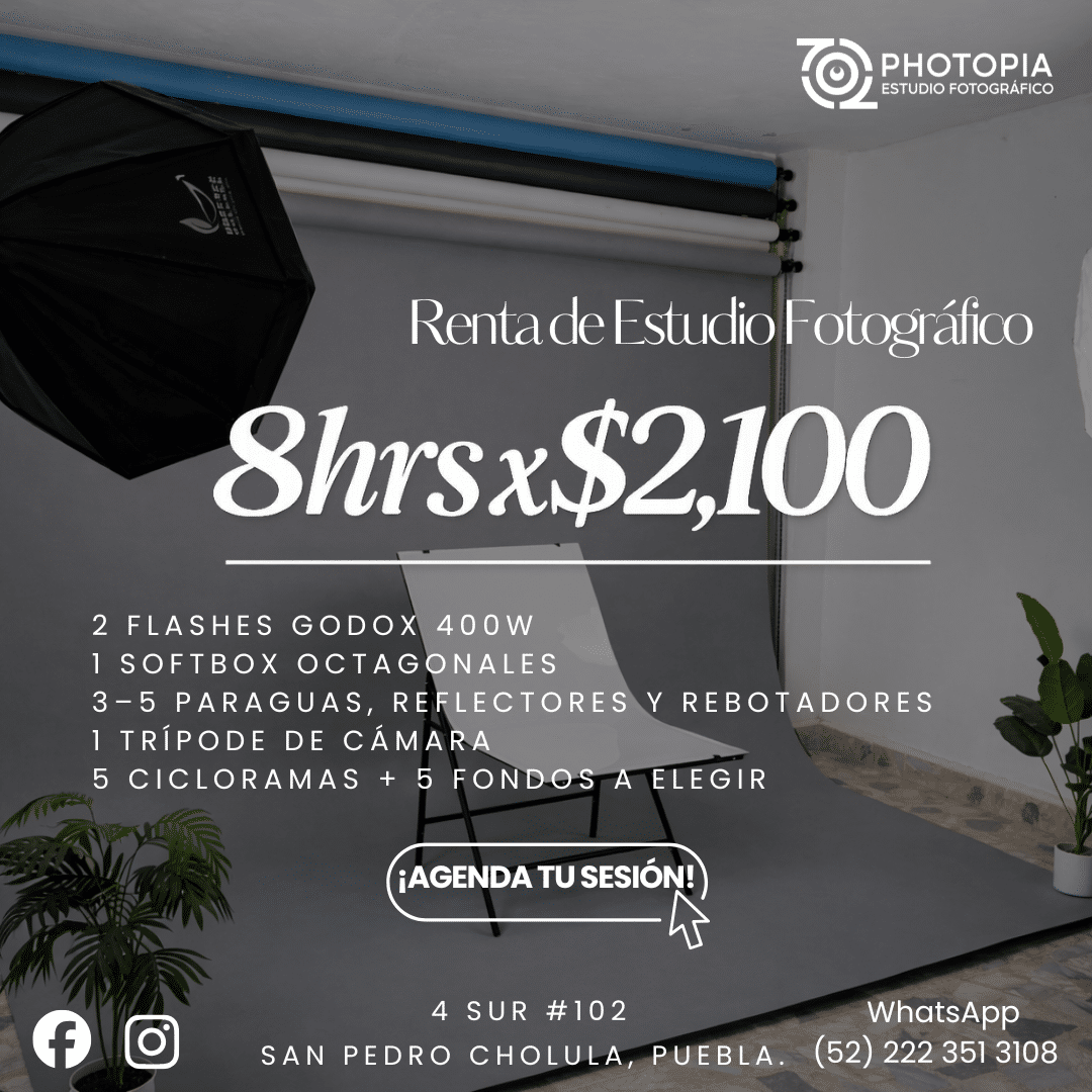 Alquiler de estudio fotografico en Puebla por 8 horas con ciclorama gris y flashes de estudio