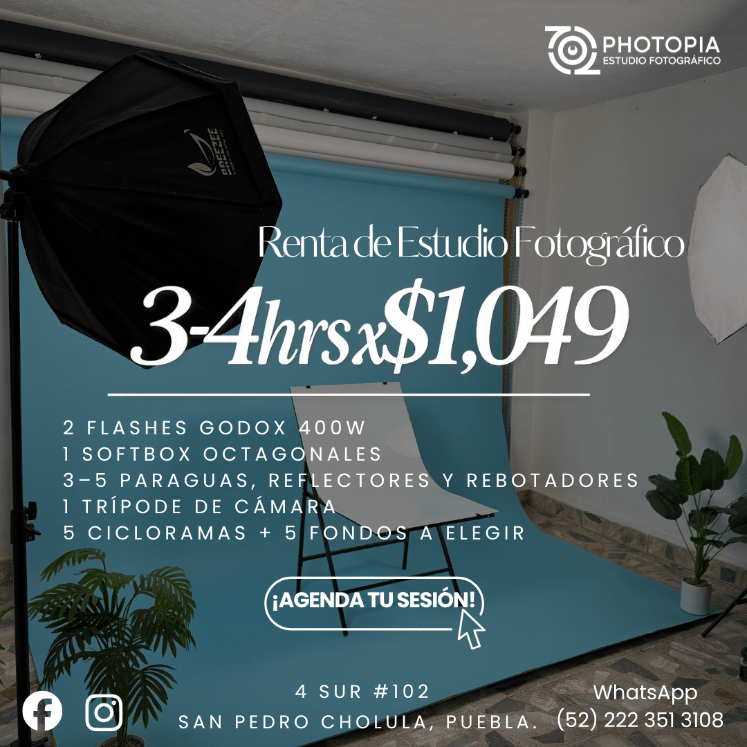 Renta de estudio fotografico en Puebla de 3 a 4 horas con fondo azul y luces de estudio
