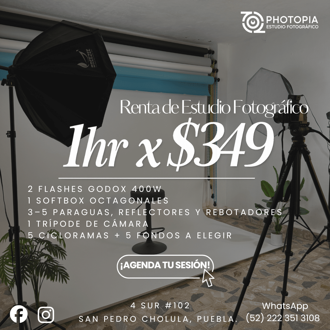 Alquiler de estudio fotografico en Puebla por 1 hora con fondo blanco y luces de fotografia